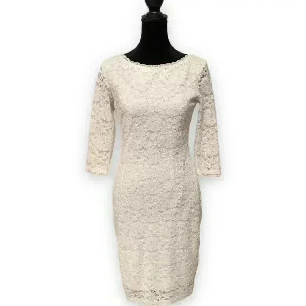 Laundry by Shelly Segal Size 2 White Lace 3/4 sleeve Knee Length Cocktail Dress
